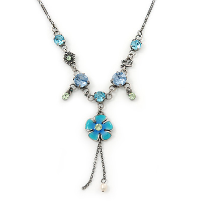 Vintage Inspired Crystal, Floral Charm Necklace In Burn Silver - 38cm Length/ 4cm Extension - main view
