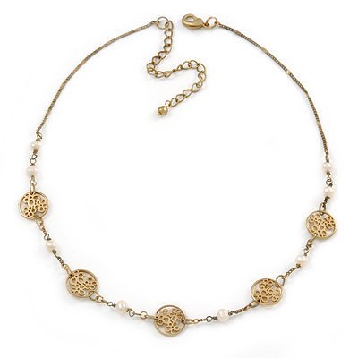 Gold Plated with Floral Motif Bead and Freshwater Pearl Necklace - 36cm L/ 8cm Ext