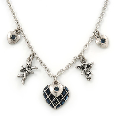 Romantic Hearts & Angels Charm Necklace In Silver Tone - 40cm Length/ 6cm Extension - main view