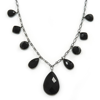 Victorian Style Black Acrylic Beads With Gun Metal Chain Necklace - 37cm L/ 7cm Ext
