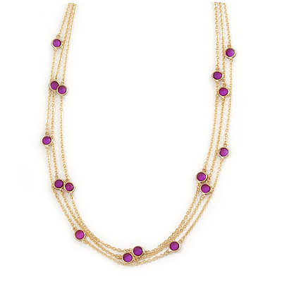3 Strand Purple Bead Delicate Necklace In Gold Tone - 64cm Long - main view