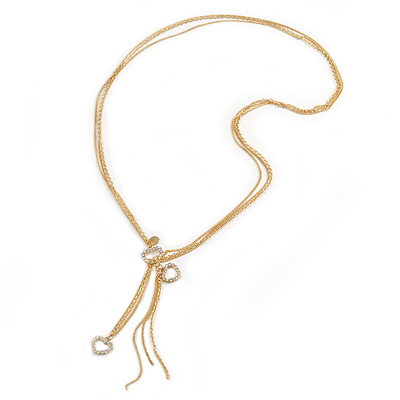 Crystal Heart Lariat Triple Chain Long Neckalce In Gold Tone Metal - main view