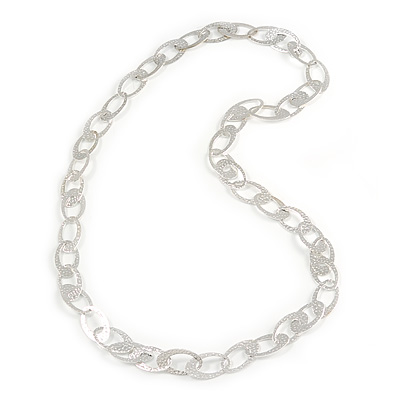 Statement Hammered Oval Link Long Necklace In Light Silver Tone - 82cm L