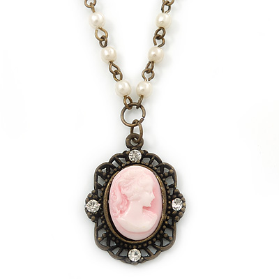 Victorian Style Pink Cameo Pendant With Faux Pearl Beaded Chain In Bronze Tone Metal - 38cm Length - main view