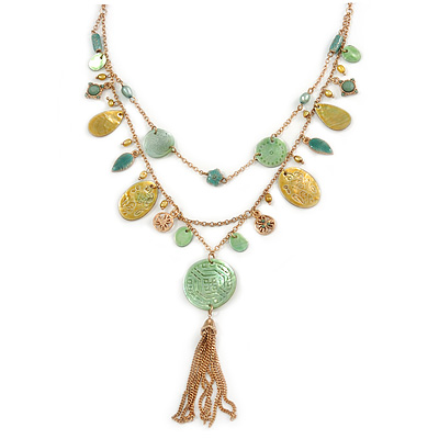 Vintage Inspired Green Shell and Freshwater Pearl Bead Multi Layered, Tassel Necklace In Gold Tone - 46cm L/ 5cm Ext/ 7cm Front Drop (Tassel) - main view