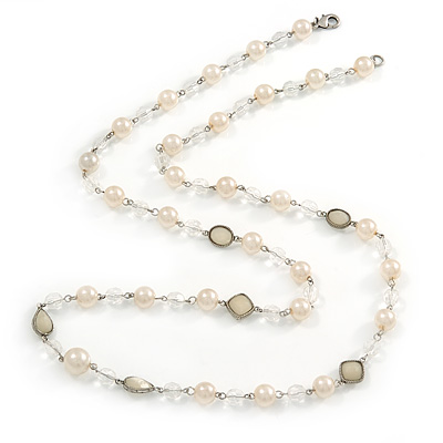 Long Cream Acrylic Bead Necklace In Silver Tone - 82cm L - main view