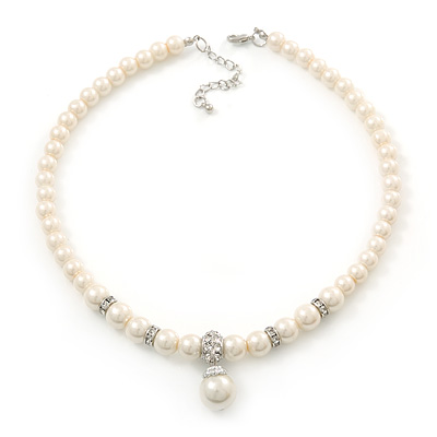Prom, Bridal, Wedding 8mm, 10mm White Simulated Glass Pearl Necklace With Crystal Rings - 38cm Length/ 6cm Extension - main view