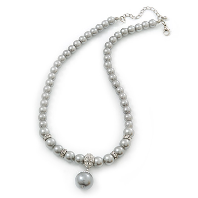 8mm, 10mm Grey Simulated Glass Pearl Necklace With Crystal Rings - 38cm Length/ 6cm Extension - main view