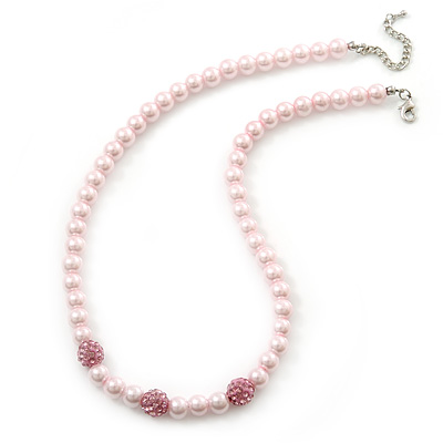 8mm Pale Pink Simulated Glass Pearl Necklace With Crystal Balls In Rhodium Plating - 42cm Length/ 6cm Extension - main view