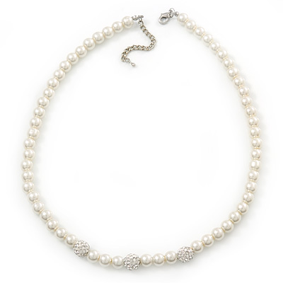 8mm White Simulated Glass Pearl Necklace With Crystal Balls In Rhodium Plating - 42cm Length/ 6cm Extension - main view