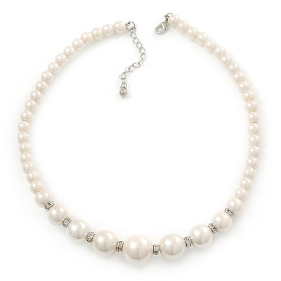 Simulated Glass Pearl Crystal Ring Flex Wire Choker Necklace In Silver Tone - 38cm Length/ 4cm Extension