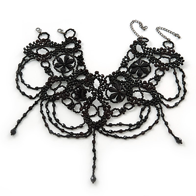 Statement Victorian/ Gothic/ Burlesque Black Acrylic, Glass Bead Choker Necklace - 25cm Length/ 7cm Extension - main view