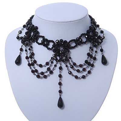 Chic Victorian/ Gothic/ Burlesque Black Acrylic Bead Bib Choker Necklace - 29cm Length/ 6cm Extension - main view