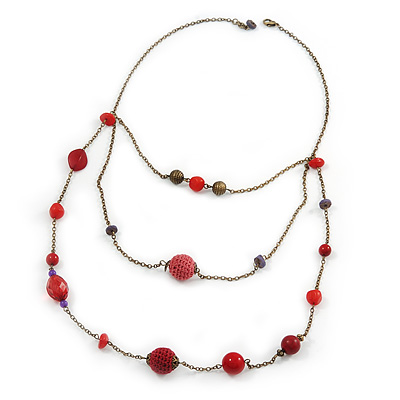 Retro Style Layered Pink/ Red Cotton, Acrylic Bead Necklace In Bronze Tone Metal - 74cm L - main view