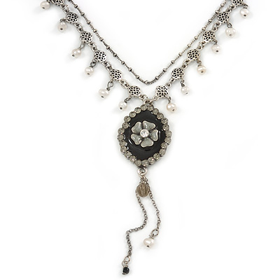 Vintage Inspired Black Enamel Floral Pendant with Pewter Tone Chain Necklace - 40cm L/ 8cm Ext - main view