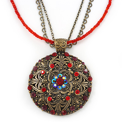 Vintage Inspired Red Crystal Filigree Medallion Pendant With Multi Chains - 34cm L/ 5cm Ext - main view