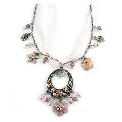 Vintage Inspired Pink/ Cream Enamel Floral Oval Pendant with Chain And Organza Cord In Pewter Tone - 40cm L/ 5cm Ext