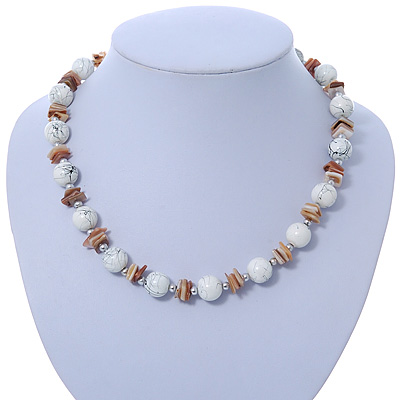 White Ceramic Bead, Beige Shell Chips Necklace In Silver Tone - 44cm L/ 4cm Ext - main view