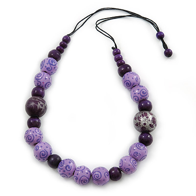 Lilac/ Purple Wood Bead Cotton Cord Necklace - 70cm L (Adjustable)