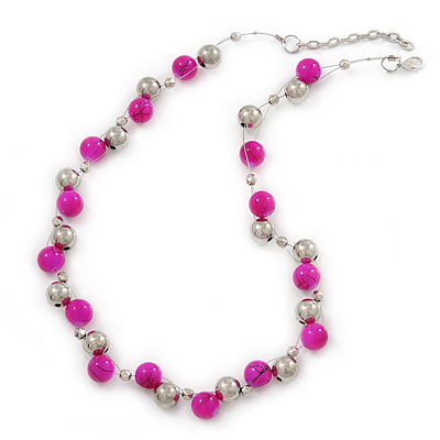 13mm Deep Pink, Silver Mirror Bead Wire Necklace In Silver Tone - 50cm L/ 4cm Ext - main view