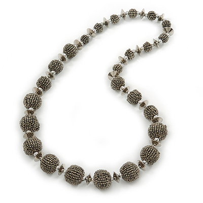 Grey Metallic Glass Bead Graduated Ball Necklace - 66cm L