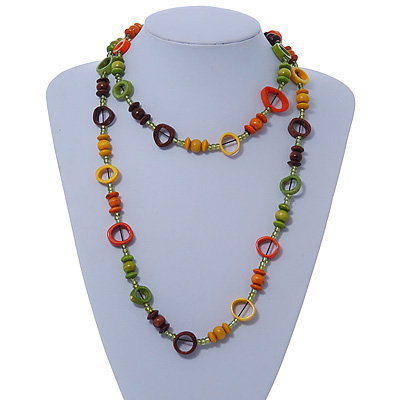 Long Multicoloured Wood Bead & Bone Ring Necklace - 108cm L - main view