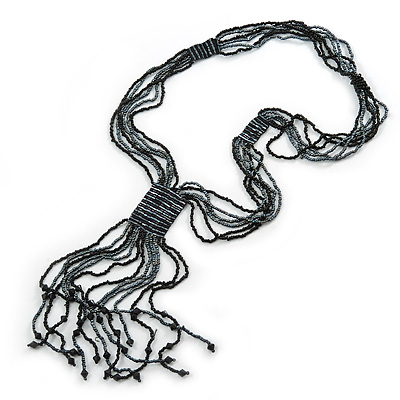 Black, Grey Glass Bead Tassel Necklace - 64cm L/ Tassel - 15cm L - main view