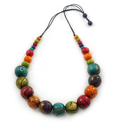 Multicoloured Wood Bead Black Waxed Cotton Cord Necklace - 74m L - Adjustable - main view