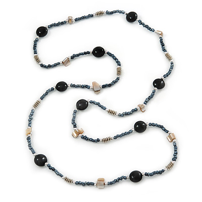 Hematite/ Black Glass Bead, White Shell Nugget Long Necklace - 100cm L - main view