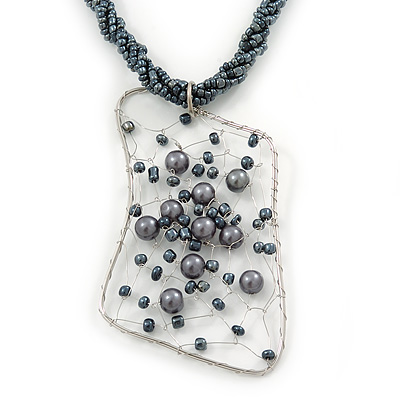 Large Wired Square Pendant With Chunky Twitsted Glass Bead Chain (Hematite Tone) - 46cm L - main view