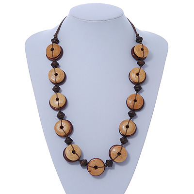 Brown Button Shape Wood Bead Cotton Cord Necklace - 70cm L (Adjustable) - main view