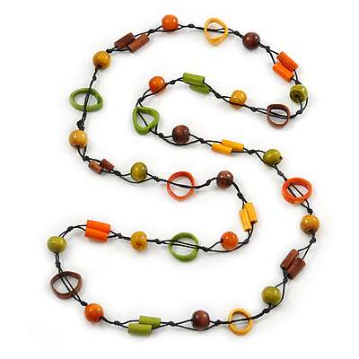 Multicoloured Wood Bead Cotton Cord Long Necklace - 110cm L - main view