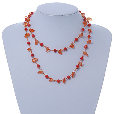 Orange Ceramic Bead, Glass Nugget Cotton Cord Long Necklace - 90cm L - main view