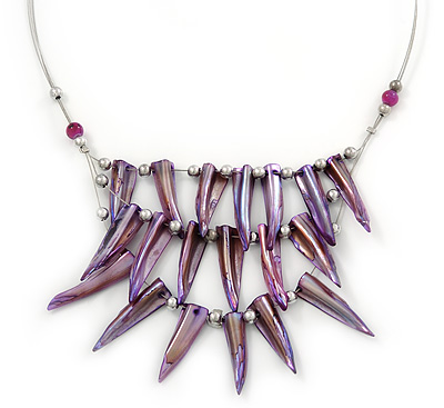 Purple Shell Nugget Bib Wire Necklace In Silver Tone - 48cm L - main view