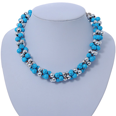 Light Blue & Silver Tone Acrylic Bead Cluster Choker Necklace - 38cm L/ 5cm Ex - main view