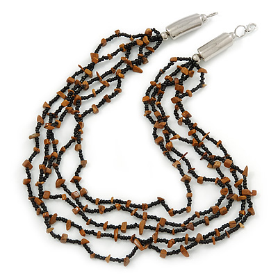 Multistrand, Layered Black Glass Bead, Brown Semiprecious Nugget Bead Necklace In Silver Tone - 60cm L - main view