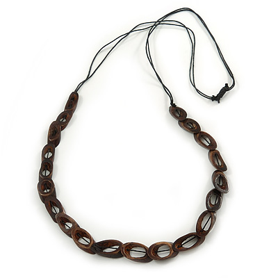 Long Brown Coloured Bone Bead, Black Cotton Cord Necklace - 90cm L - main view