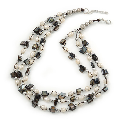 3 Strand Freshwater Pearl, Slate Black Shell Nugget Necklace In Silver Tone - 40cm L/ 4cm Ext - main view