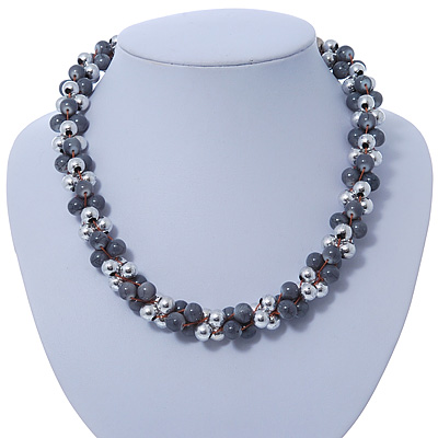 Light Grey & Silver Tone Acrylic Bead Cluster Choker Necklace - 38cm L/ 5cm Ex - main view