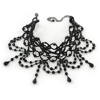 Statement Victorian/ Gothic/ Burlesque Black Acrylic, Glass Bead Choker Necklace - 27cm Length/ 7cm Extension - main view