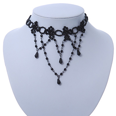 Chic Victorian/ Gothic/ Burlesque Black Bead Choker Necklace - 31cm Length/ 8cm Extension - main view