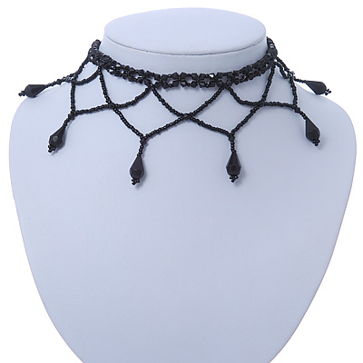 Chic Victorian/ Gothic/ Burlesque Black Bead Choker Necklace - 32cm Length/ 7cm Extension - main view