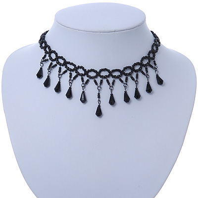 Fancy Dress Party Black Acrylic, Glass Bead Choker Necklace - 32cm L/ 7cm Ext