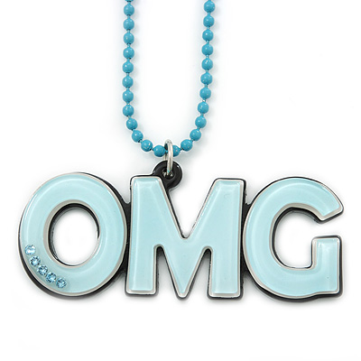 Light Blue Crystal, Acrylic 'OMG' Pendant With Beaded Chain - 44cm L - main view
