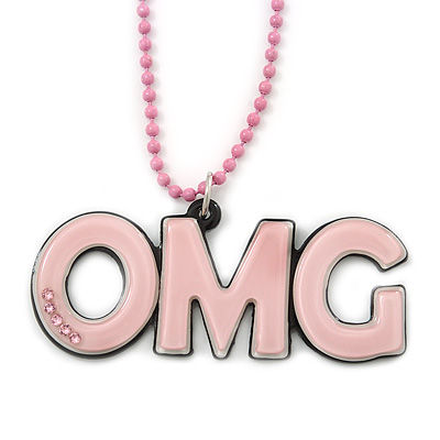 Light Pink Crystal, Acrylic 'OMG' Pendant With Beaded Chain - 44cm L