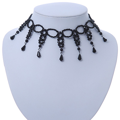 Fancy Dress Party Black Acrylic, Glass Bead Choker Necklace - 30cm L/ 7cm Ext - main view