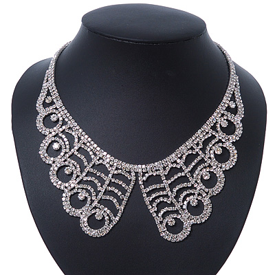 Clear Austrian Crystal Collar Necklace In Silver Tone - 30cm Length/ 15cm Extension - main view