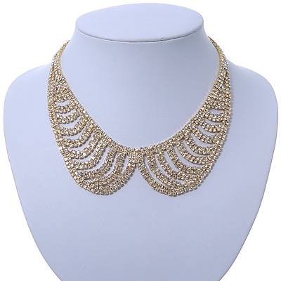 Clear Austrian Crystal Collar Necklace In Gold Plating - 28cm Length/ 15cm Extension