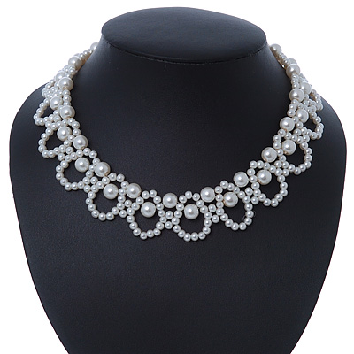 White Imitation Pearl Bead Collar Style Necklace In Silver Tone - 36cm L/ 6cm Ext - main view