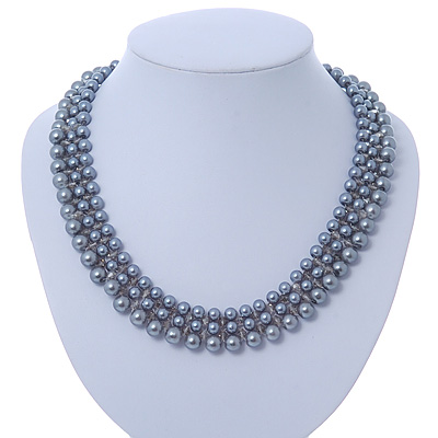 Grey Imitation Pearl & Glass Bead Collar Necklace In Silver Tone - 44cm L/ 4cm Ext - main view